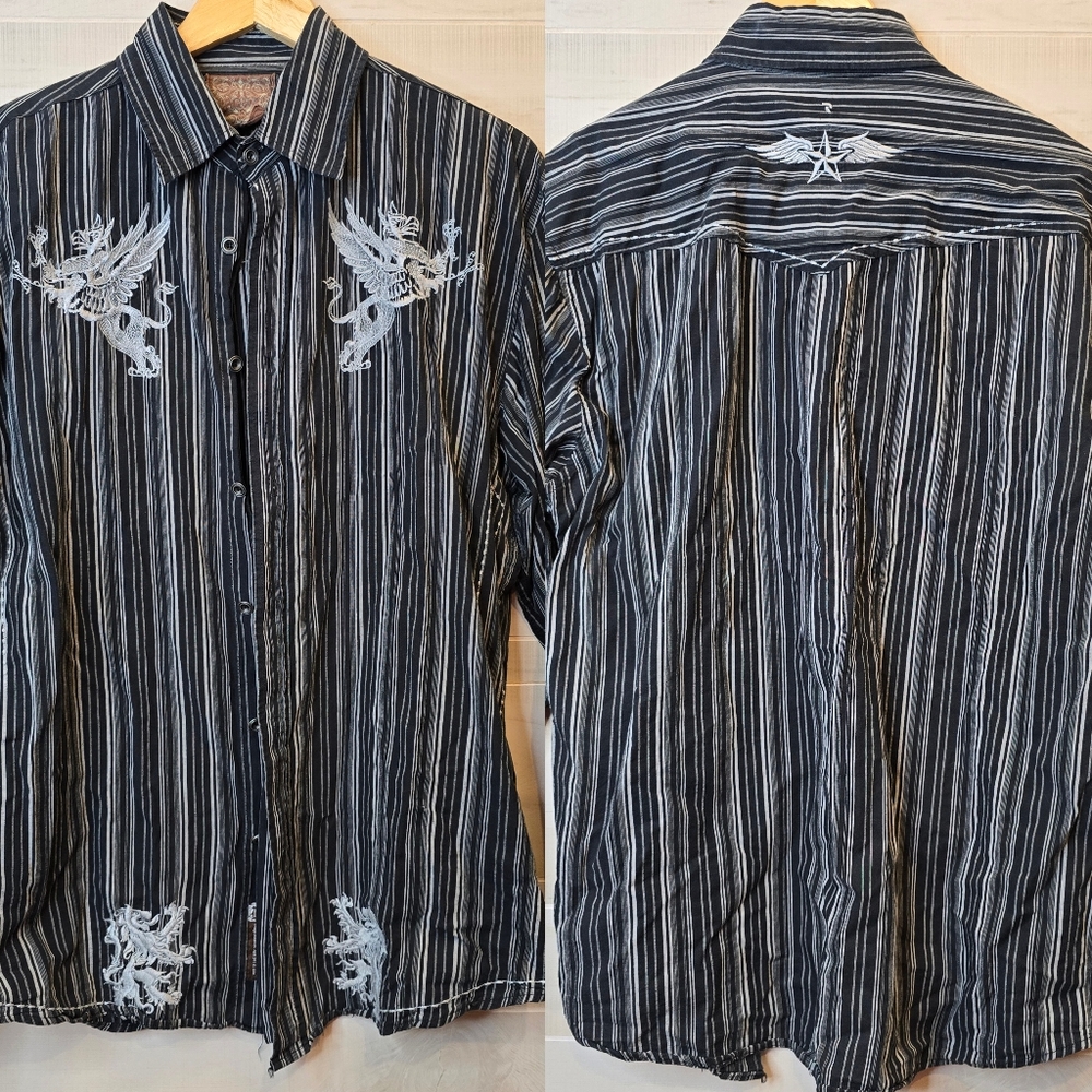 {L} ROAR Embroidered Button Down Shirt Black White